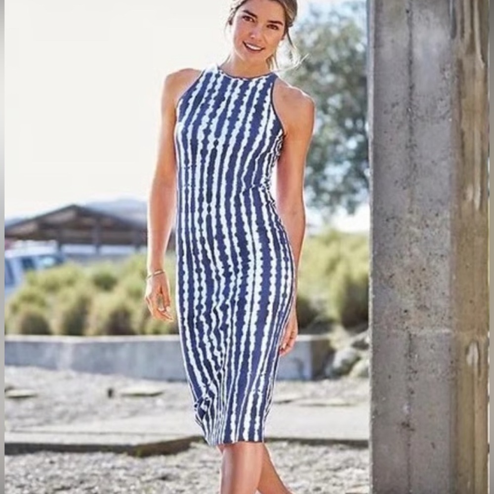 ATHLETA Women’s Blue/White High Neck Lined Midi Stretch Dress